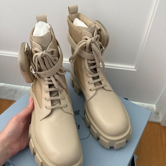 Prada Monolith Platform Combat Boots Re-nylon Leather In Deserto Pouch Pockets - Picture 9 of 12